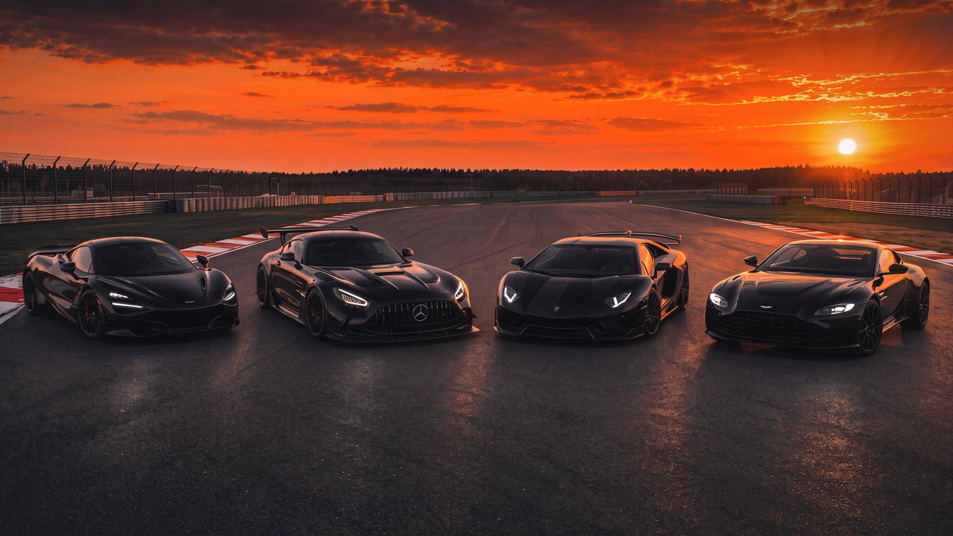Four performance cars on a circuit at sunset