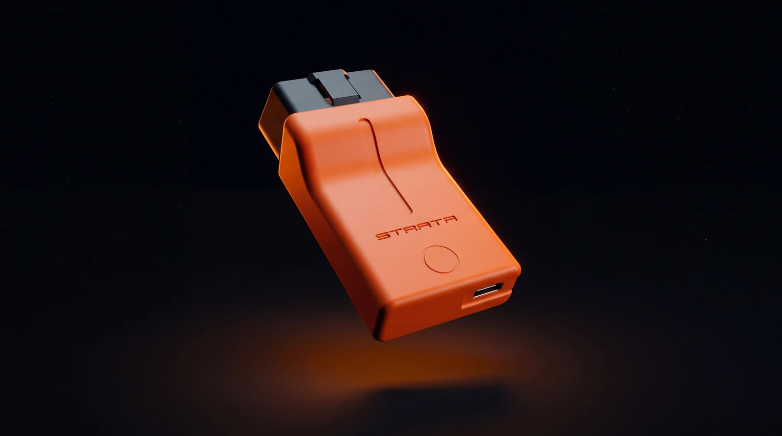 Studio render of the orange Strata Wi-Fi Flasher: a black OBD-II connector at one end, a curved groove along the top, an embossed STRATA wordmark, a round button and a USB-C port at the other end